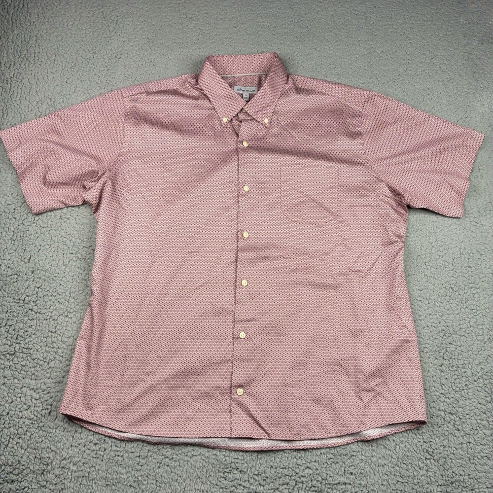 Peter Millar Button Up Shirt Men's XL Red Geometric Print Short Sleeve Golf